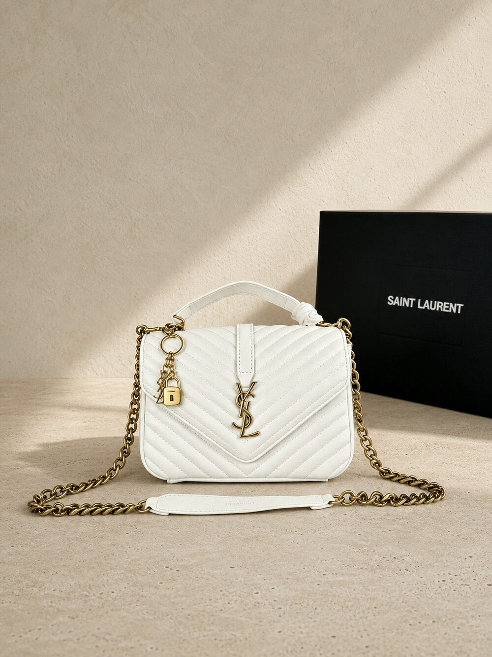 Yves Saint Laurent Medium Crema Handbag with Chevron Calfskin and Gold Chain - Picture 6 of 6